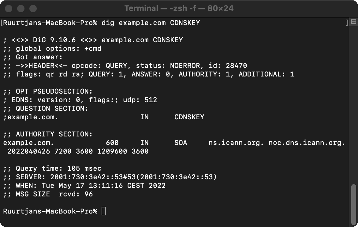 Example output of a CDNSKEY lookup query