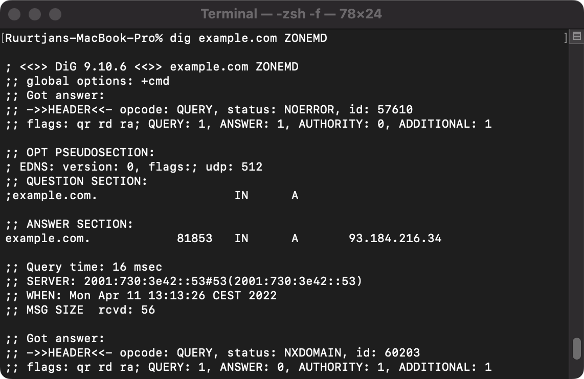 Example output of a ZONEMD lookup query